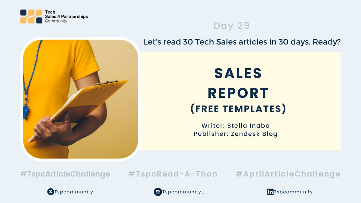 Tech Sales Read-A-Thon🚀 Day 2️⃣9️⃣
One more day to go! 💙

Learn how to prepare a Sales Report. Get free templates too!
🔗zendesk.com/blog/sales-rep…

#TspcArticleChallenge #AprilArticleChallenge #TspcReadAThon #TechSalesArticleChallenge #TechSales