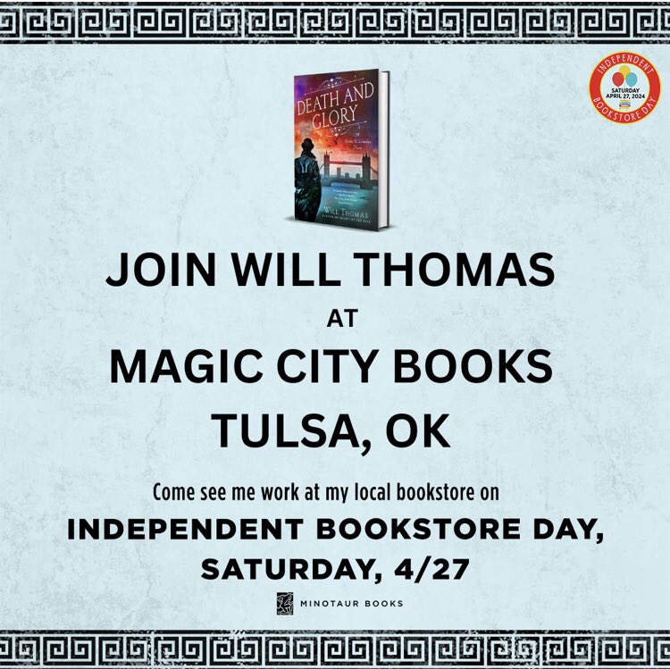 Celebrating Independent Bookstore Day at @MagicCityBooks! I’ll be signing my latest from 3-4 today. If you’re in the Tulsa area, we’d love you to drop by! @MinotaurBooks #IndependentBookstoreDay