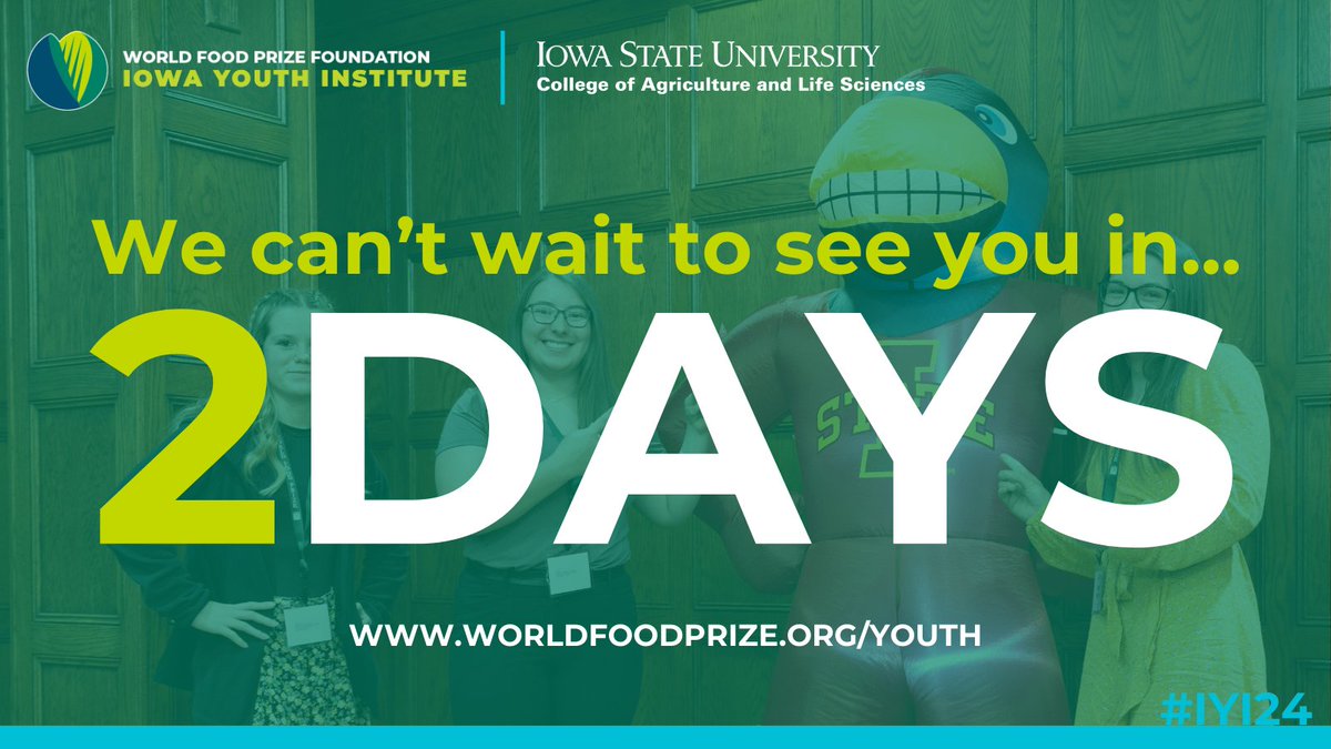 📚 Just 2 DAYS left! At #IowaYouthInstitute, students will present their research on global food security. They’ll also engage in insightful discussions on shaping the world’s food security future! #STEM #IYI24 #WorldFoodPrizeFoundation #IowaStateUniversity