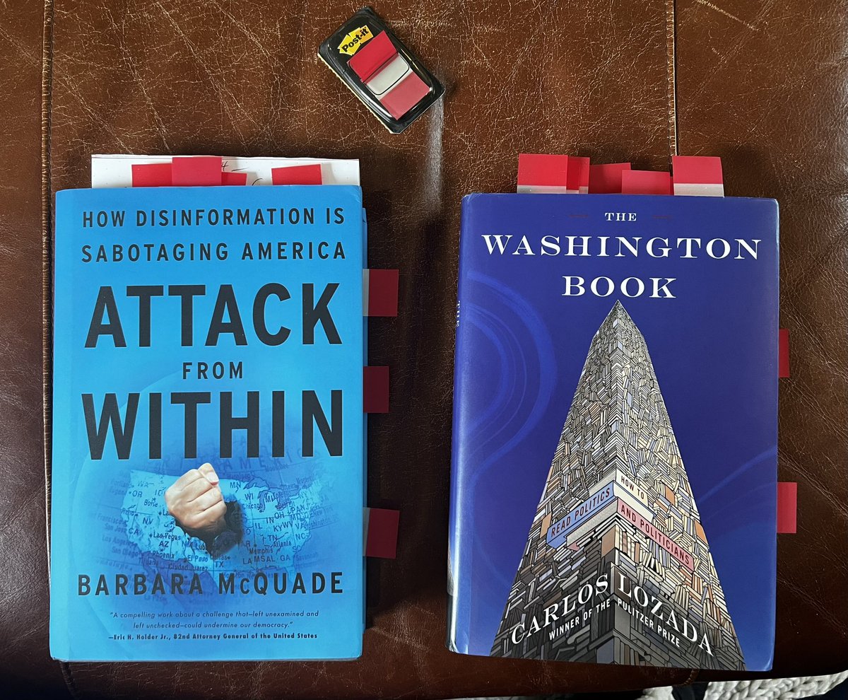 Two great books festooned with post-its from while I was reading them: “Attack From Within” by @BarbMcQuade and “The Washington Book” by @CarlosNYT. And I’m the lucky guy who gets to interview both authors today at 11:15 at Montclair State University for the @MontclairLitFes: