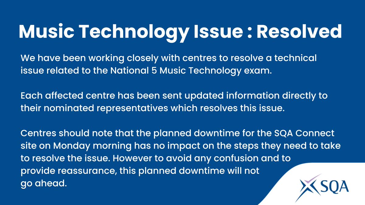 Centres have been issued a solution relating to the National 5 Music Technology exam. 

This has been sent directly to their SQA Coordinators and Chief Invigilators. Please contact social.media@sqa.org.uk for any further support.