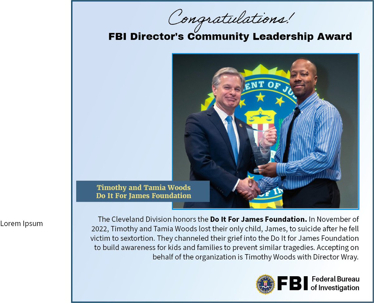 #ICYMI - FBI Director Wray honored and hosted recipients of the prestigious Director's Community Service Award, including The Do it For James Foundation, nominated by the FBI Cleveland Office. Join us in celebrating the impactful work the James' family does for the community.