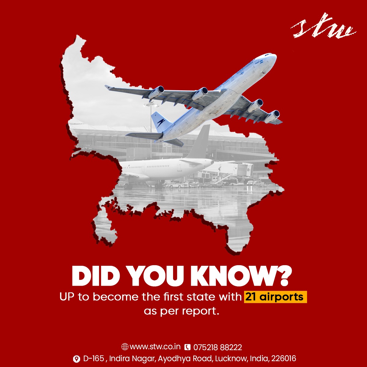 DID YOU KNOW? UP is set to make history by becoming the first state in India with 21 airports! Build your brand with STW️
.
.
#PuneAirport #TravelGrowth #AirportTraffic #AirTravel #Progress2024 #MarketingMatters #FlyingHigh #UP21Airports #AviationMileston