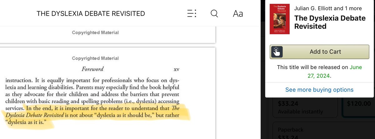 SusanMillerEdu's tweet photo. I can’t wait to dig into The Dyslexia Debate Revisited…..one quote below from the preview, check out the full preview and you’ll know why anyone who conducts learning evaluations should do their due diligence and read the book. https://t.co/v1rFpu3Vb1