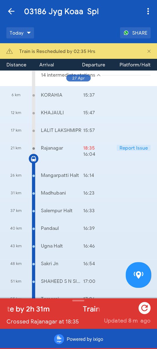 #traoj too much late Hello! I'm yet to board Jyg Koaa  Spl at Samastipur Jn. Current running status: 2 h 31 m delay.
Expected to board the train at 27 Apr 2024 22:02.
Track my train on the ixigo app: l.ixigo.com/LrPbO8ELOzLp