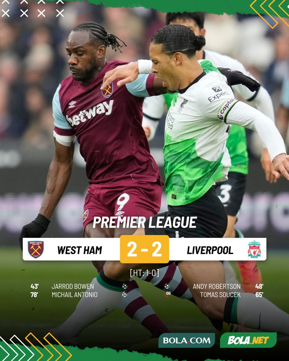 #LiveBolanet FT: West Ham 2-2 Liverpool | Possessions: 28%-72% | Shots: 11-28 | Corners: 4-8

Sayonara gelar EPL? The Reds kembali tertahan, kali ini oleh The Hammers!

#premierleague #westham #liverpool  #blnrin #bolanetreview