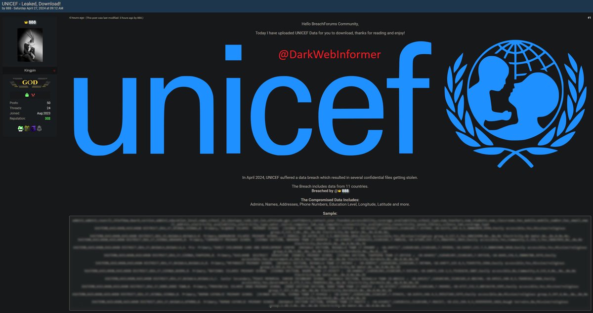 DarkWebInformer's tweet photo. 🚨MAJOR BREACH🚨Notorious threat actor, 888, has allegedly breached UNICEF dated April 2024. The Breach includes data from 11 countries.

#Clearnet #DarkWebInformer #DarkWeb #Cybersecurity #Cyberattack #Cybercrime #Infosec #CTI #UNICEF

Compromised Data: Admins, Names, Addresses, Phone Numbers, Education Level, Longitude, Latitude and more