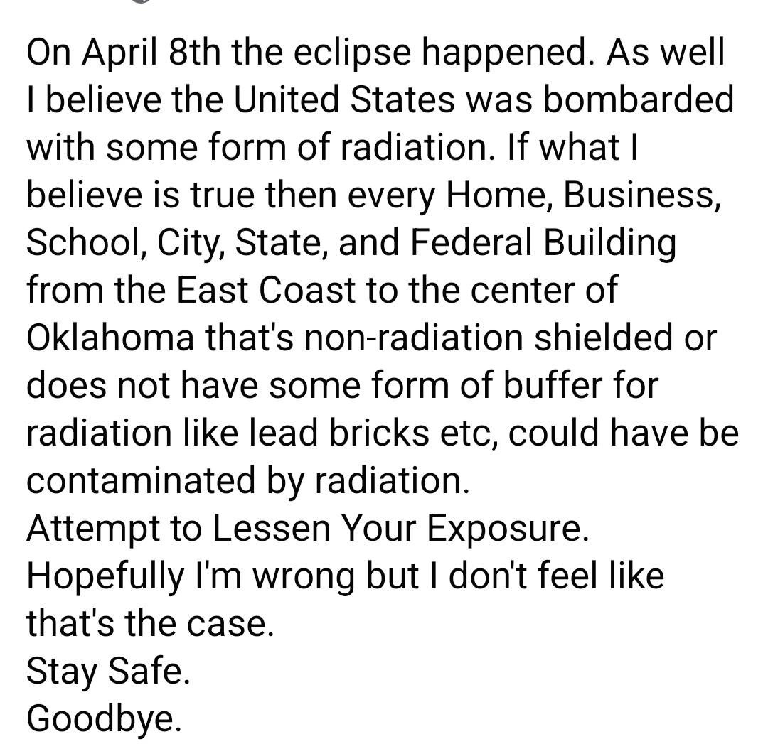 The Eclipse made everything radioactive for some reason. Don't try to rationalize it because they have BELIEF.

#FacebookScience #PhysicsFail #Woo #EclipseSolar2024