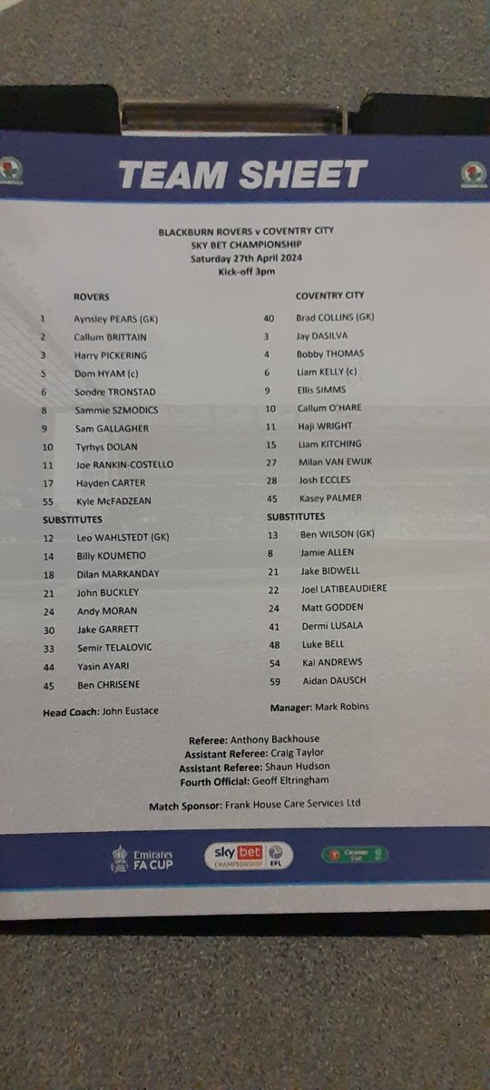 Blackburn Rovers team news, John Eustace makes 1 change from the defeat at home to Sheff Wed. ➡️ McFadzean  ⬅️ Wharton . ⚽️