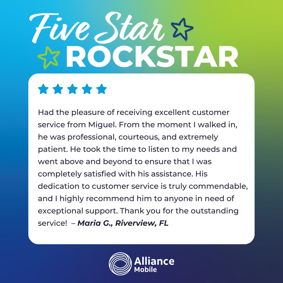 LifeatAlliance's tweet photo. Todayโs #ShoutoutSaturday goes to Miguel from Riverview, Florida! Our guest was completely satisfied with her experience, calling Miguel โprofessional, courteous, and extremely patient.โ Well done, Miguel! https://t.co/RDbu3NrxGH