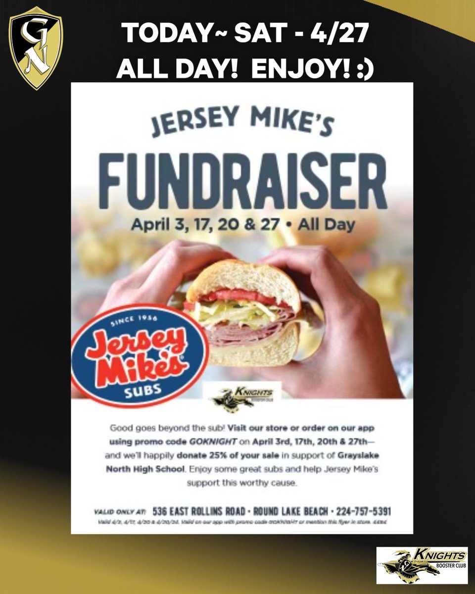 Today - 4/27! ALL DAY! 🙂 Jersey Mike's! $ to support our GNHS Athletes! Thank you! #GoKnights #KnightsNation #KnightsPride #JerseyMikes
