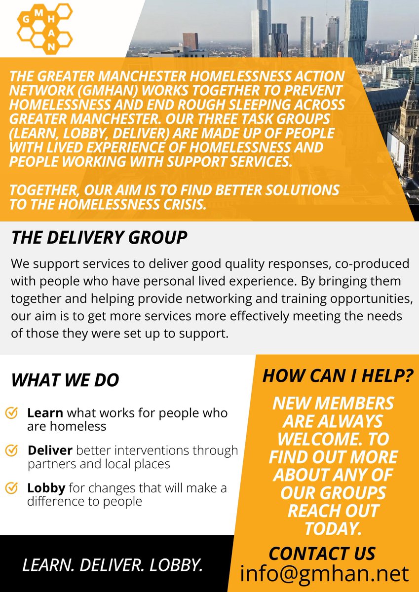 GMHAN has 3 task groups (Learn, Lobby, Deliver) with people who experienced homelessness & support workers. They aim to improve service effectiveness by networking & training. New members welcome. Contact info@gmhan.net or check their e-leaflet for info⬇️ lght.ly/de344b1