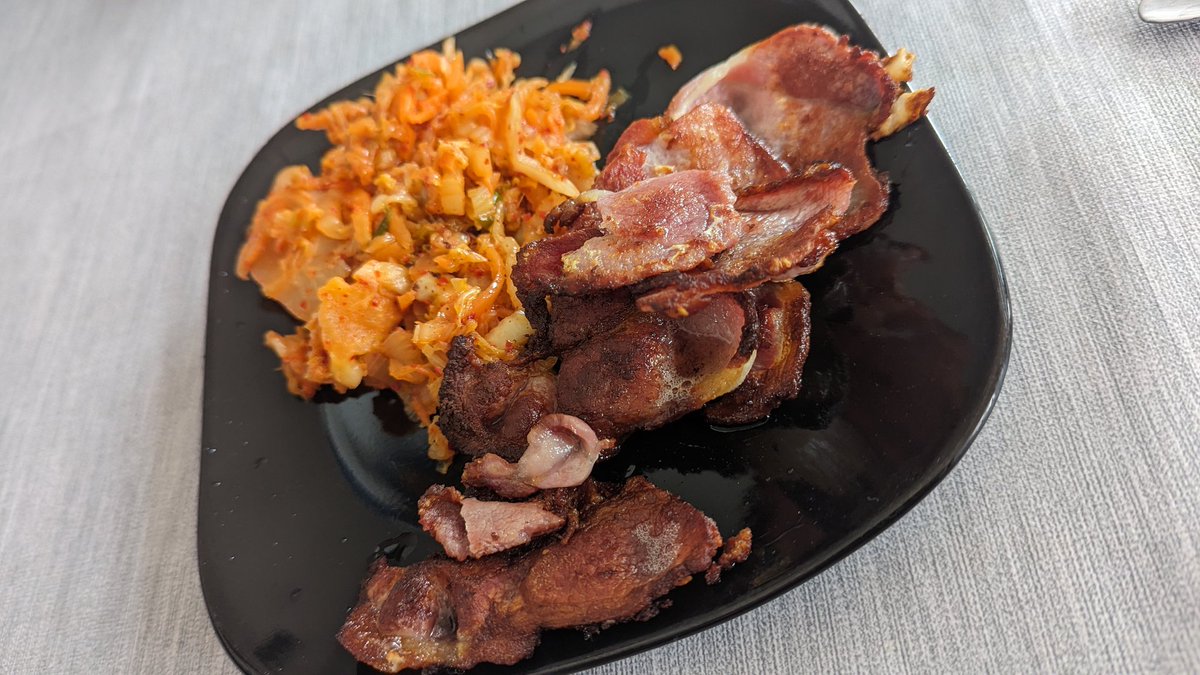 Breaking fast 'breakfast' after 24 hours. Butter fried bacon and Kimchi! #winning #keto #breakfast #fasting #fermentedfood