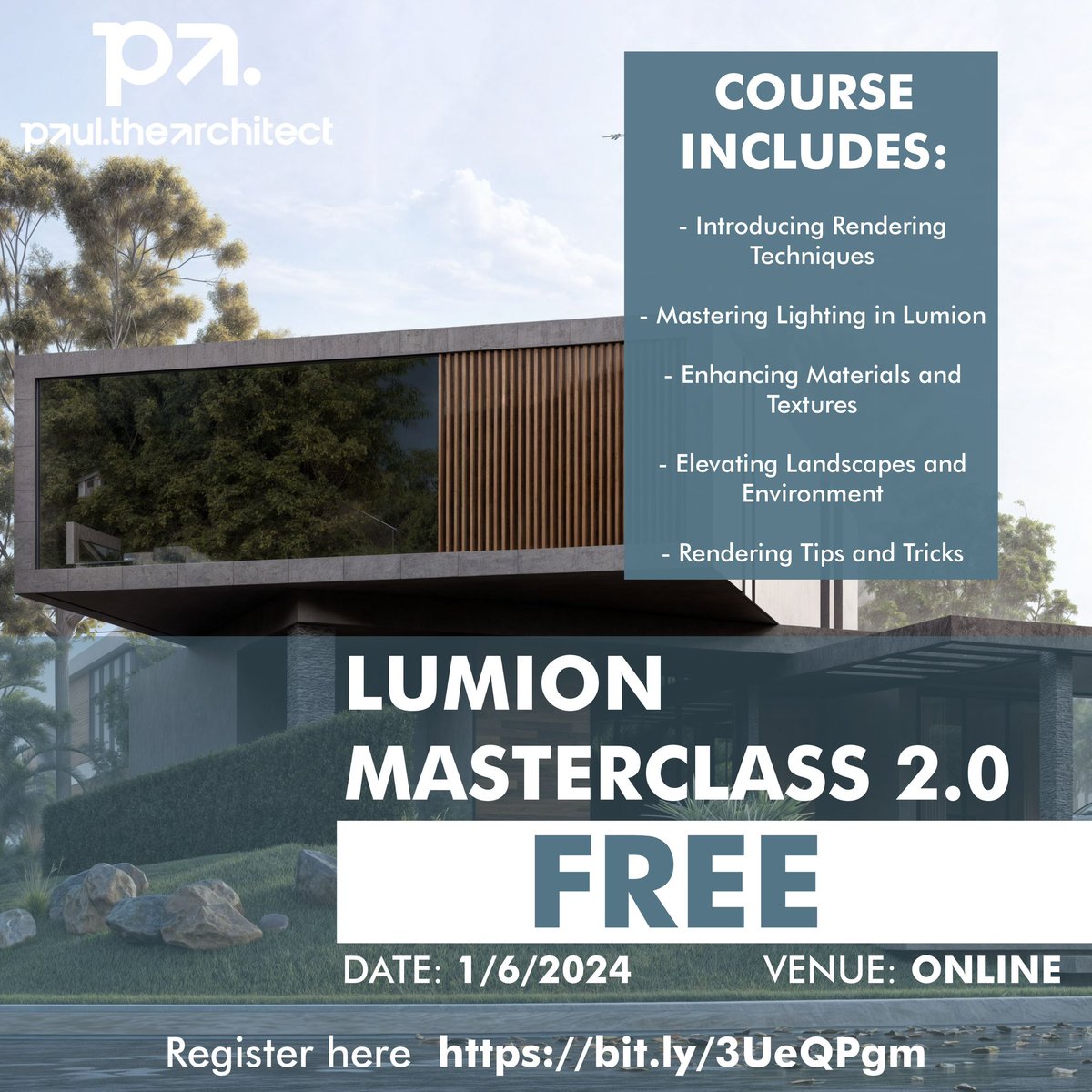 Let’s improve your rendering. Join my free Lumion masterclass!. Register with this link bit.ly/3UeQPgm
. 
RETWEET!!!!