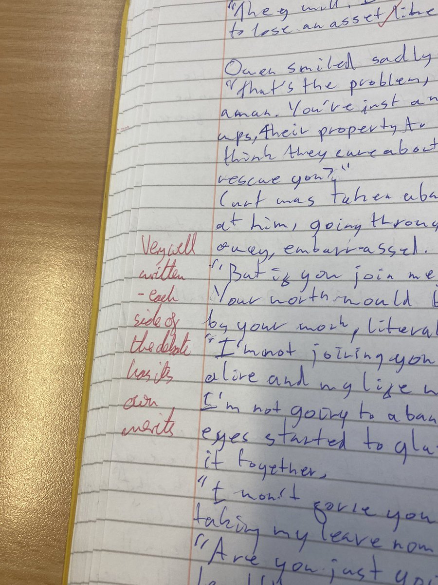 chat i got an A on my creative writing assessment. It was a curtwen fanfic!

Teacher commented that their argument had good merits on both sides, meaning both have good points. This was about Owen trying to get Curt to join Chimera. ignore my handwriting i wrote 4 pages in 50mins