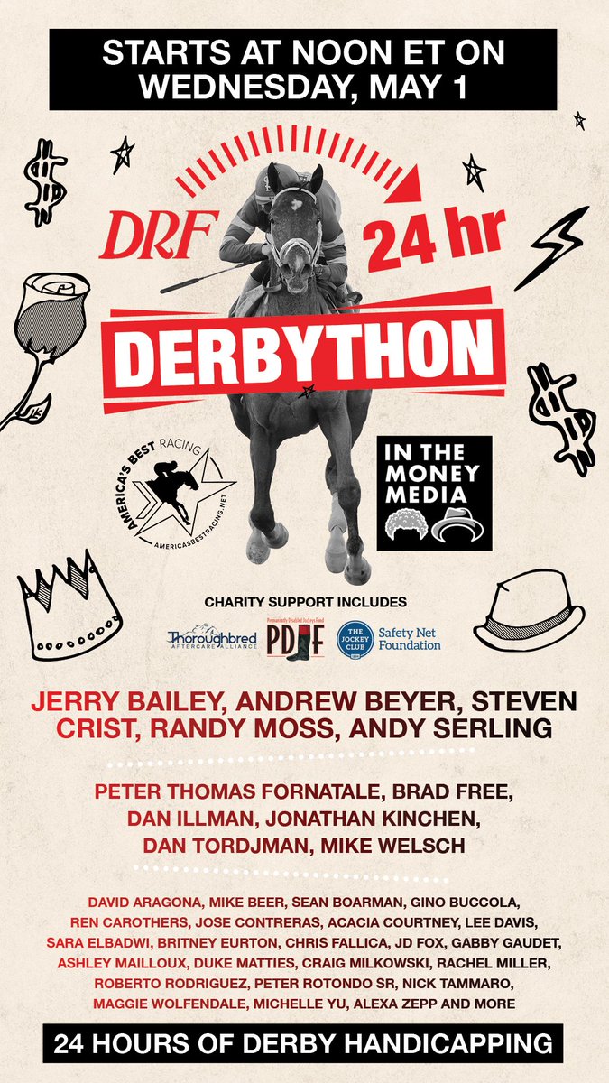 The DRF DERBYTHON starts on Wednesday, May 1st at Noon ET. 24 hours of Derby Handicapping! Subscribe to our YouTube channel so you won't miss any of it. ⬇️ ⬇️ youtube.com/watch?v=b5KpvX… Find out the details & schedule of guests. ⬇️ ⬇️ promos.drf.com/derbython?utm_…