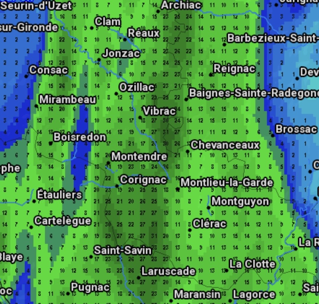 Les quantités de pluie sont hors du commun sur la Haute-Saintonge, sur une très courte période. Les stations météo officielles relèvent en 1h glissants : - 21.5 mm à Montlieu !! - 16 mm à Clion dont 13.0mm en 12 minutes !! - 14 mm à St Germain de Lusignan dont 7.1mm en 6 minutes.