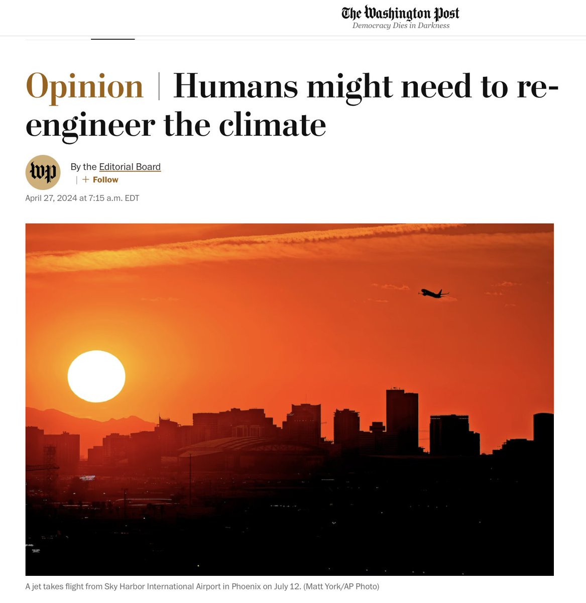 English major-led WaPo editorial board supports blotting out our life-giving Sun. 🙄 What could go wrong? 1. Imagine putting the UN in charge of managing the Sun and weather.😱 2. Downstream weather effects could be harmful. Cooling Saudi Arabia, for example, might change the…