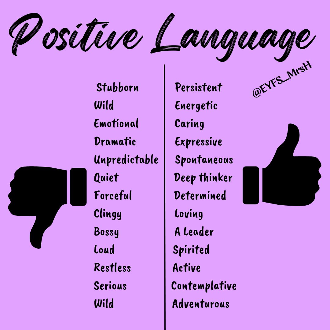 Words impact everyone 💜 Positive language choices can transform relationships with children and shape how they view themselves. A good list ready for report writing season as well 🤣! #eyfs #earlyyears