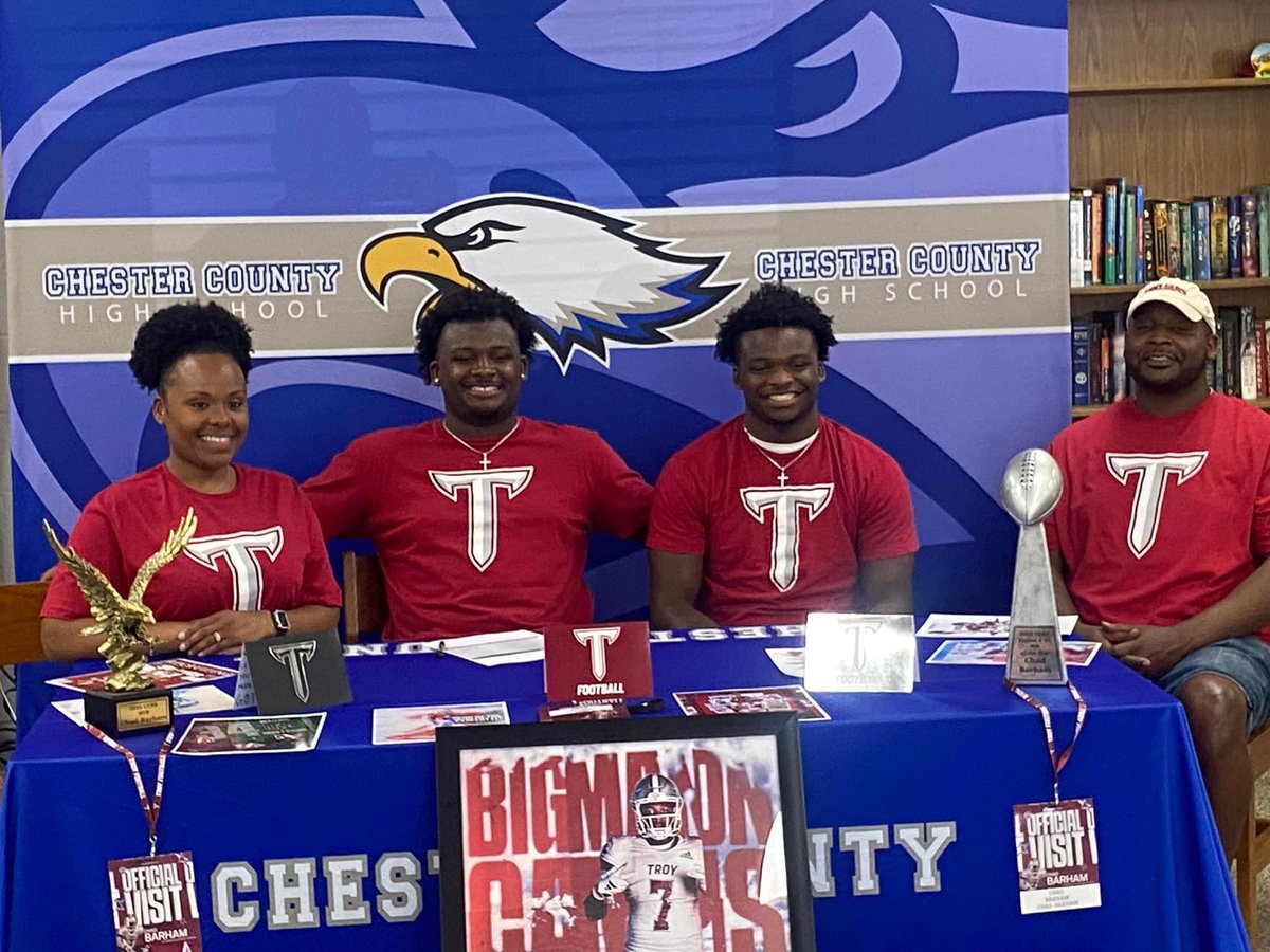 Chester Co Athletics (@cceagleathletic) on Twitter photo Congratulations to <a href="/ChesterCoHigh/">Chester County High</a>’s Chad Barham who has signed to play football at <a href="/TroyAthletics/">Troy Athletics</a>! Congratulations to <a href="/ChesterCoHigh/">Chester County High</a>’s Chad Barham who has signed to play football at <a href="/TroyAthletics/">Troy Athletics</a>!