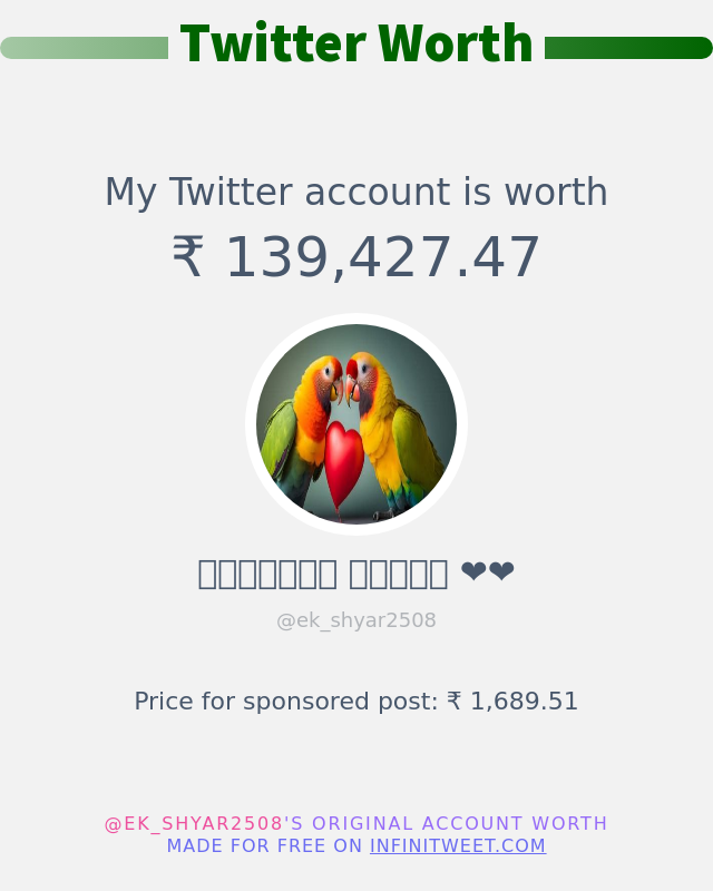 मेरा ट्विटर मूल्य है: ₹ 139,427.47 ➡️ infinitytweet.me/account-worth?…