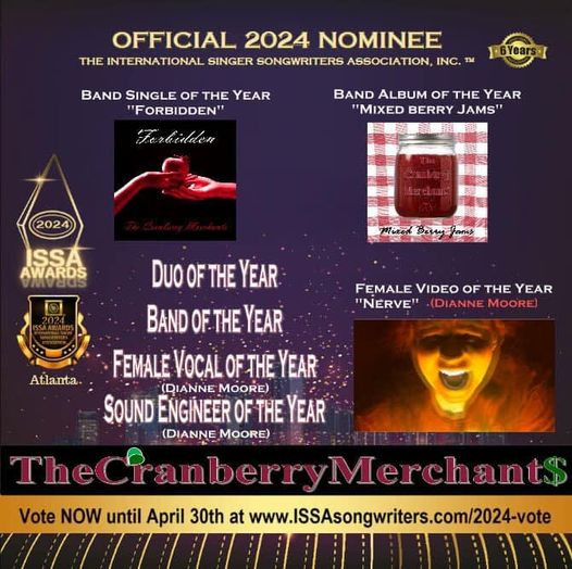 VOTING ENDS ON TUESDAY! 😃🎶🏆💕 #RT The Cranberry Merchants are nominated for 7 CATEGORIES in the 2024 @ISSAsongwriters Awards! Please vote for us once a day in each category listed on the poster below through 4-30 to help us become FINALISTS! VOTE NOW: poll-maker.com/QWQ190JOK