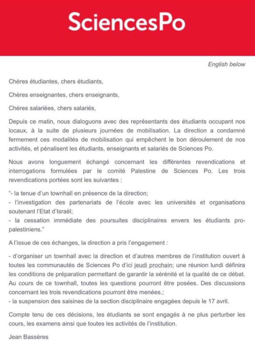 #SciencesPo se couche face aux revendications intolérables des étudiants bloqueurs d’extrême gauche. En annulant les poursuites disciplinaires à leur encontre, elle donne blanc-seing aux revendications antisémites. Soumission insupportable.