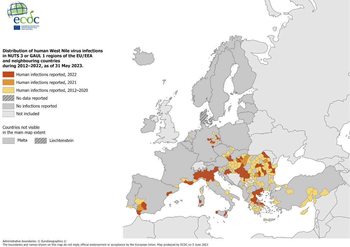 @dr_michaelmarks @tommyrampling @ECDC_Outbreaks @TAEscmid @emcat1 WNV is spreading North and West, appearing in Spain, France and Germany