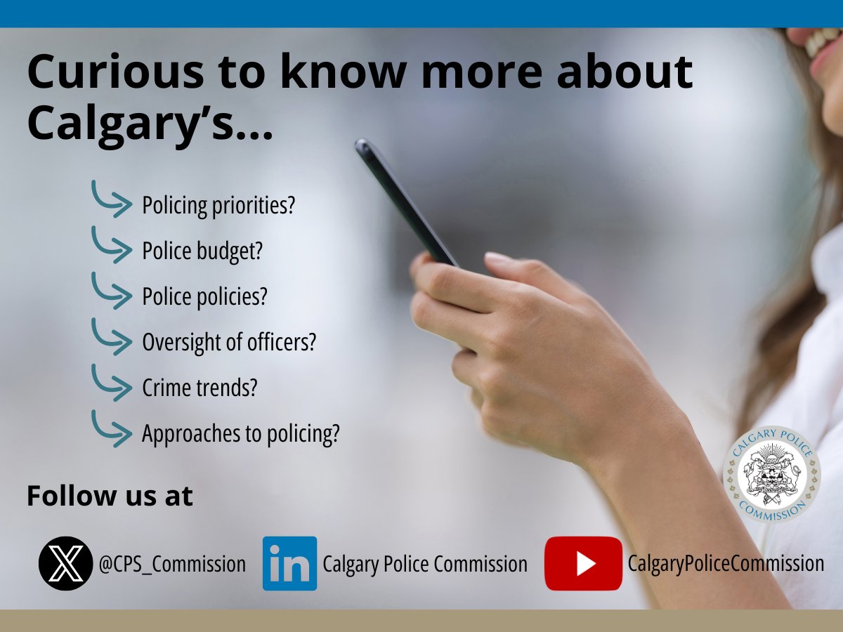 Want to know more about policing in Calgary? Follow us!

Our Commission is the board of the @CalgaryPolice. We oversee the police budget, supervise the police chief, and ensure that police policies and priorities meet the needs of Calgarians.

#yyc #police #crime #yyccc #abpoli