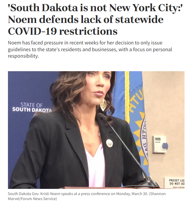 March 30, 2020 She brags the GOP way with, 'SD is not NY City.' But, by March of 2021 Gov Kristi Noem became The Covid Queen of South Dakota By October, SD’s Covid outbreak raged and health officials labeled the state one of the most dangerous places in the US. Hates humans and…