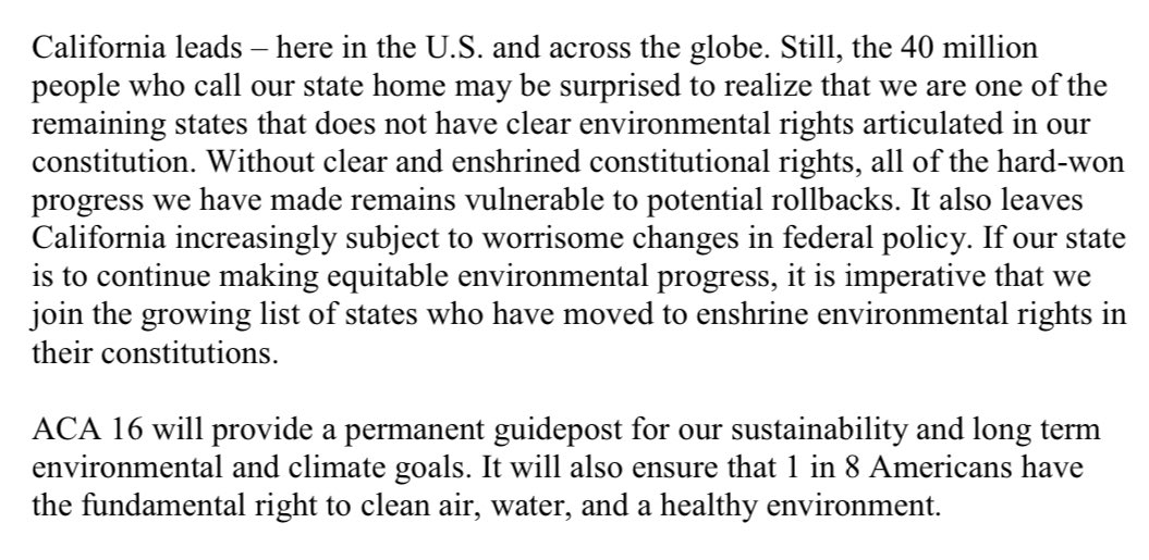 Support #ACA16. 👏

Californians’ right to clean air, clean water, & a healthy environment.

Description from CA leg 4/5/24 bill analysis: