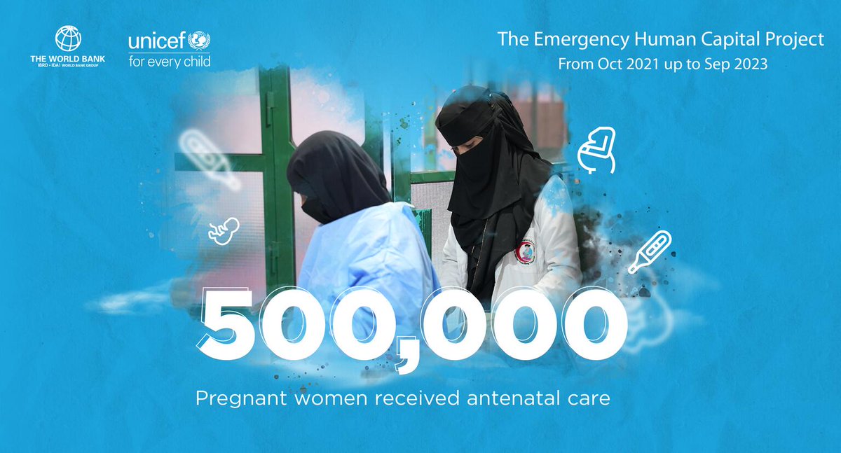 UNICEF_Yemen's tweet photo. #UNICEF supported more than 500,000 pregnant women with antenatal care in #Yemen from October 2021 to September 2023 through the #Emergency_Human_Capital_Project (#ECHP) funded by the @WorldBank/@WBG_IDA. https://t.co/IKDoSGGeCz