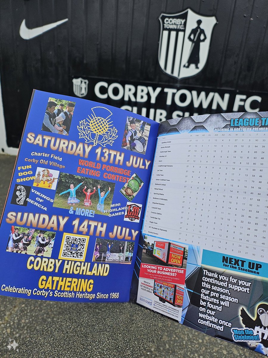 First look at our advert for Corby Highland Gathering 2024!

Thanks to <a href="/corbytownfc/">Corby Town FC</a> for supporting us and looking forward to the game

#WeAreCorby #MonTheSteelmen #corbyhighlandgathering