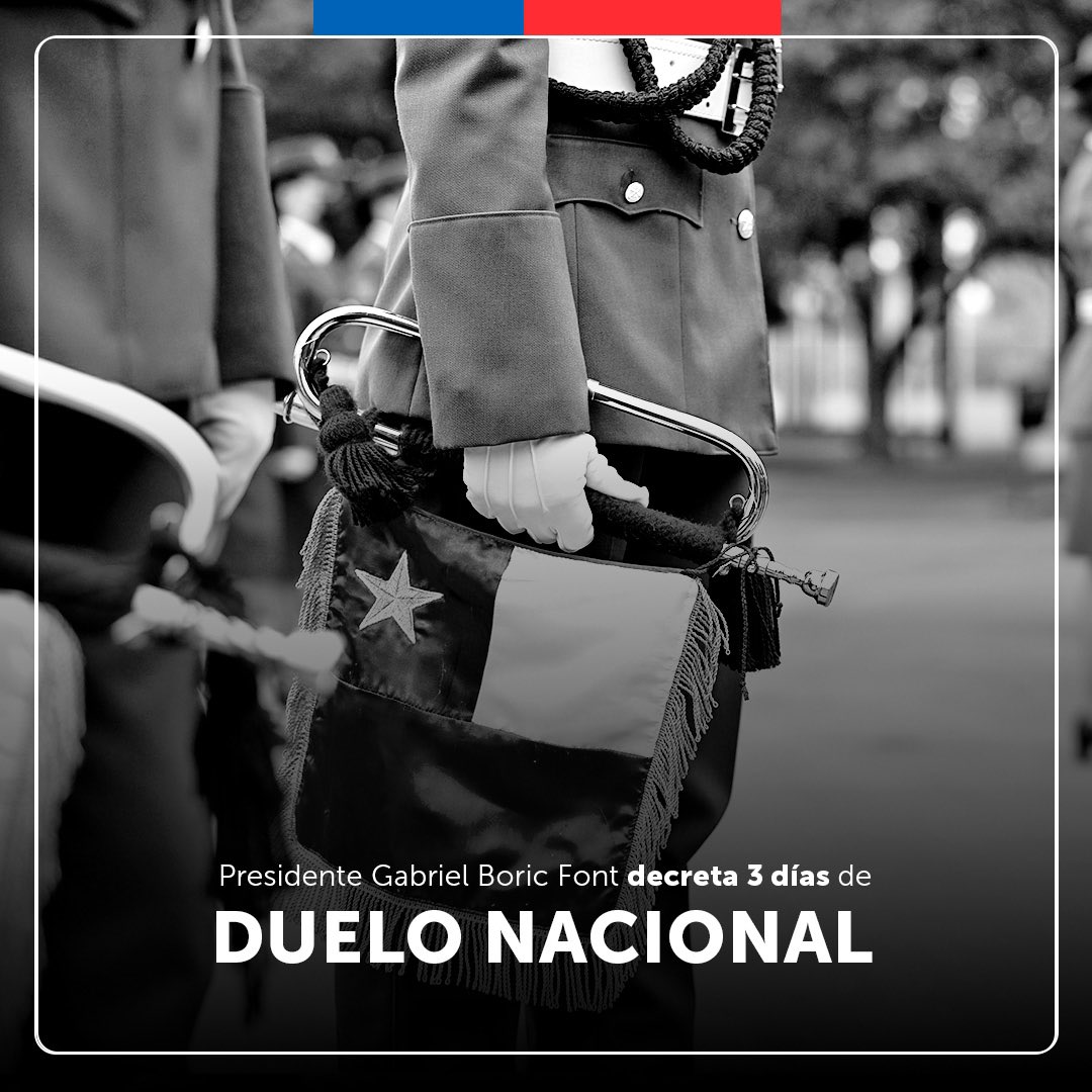⚫️ Presidente <a href="/GabrielBoric/">Gabriel Boric Font</a> decretó duelo nacional de 3 días debido al atentado a @CarabdeChile en la Región del Biobío.