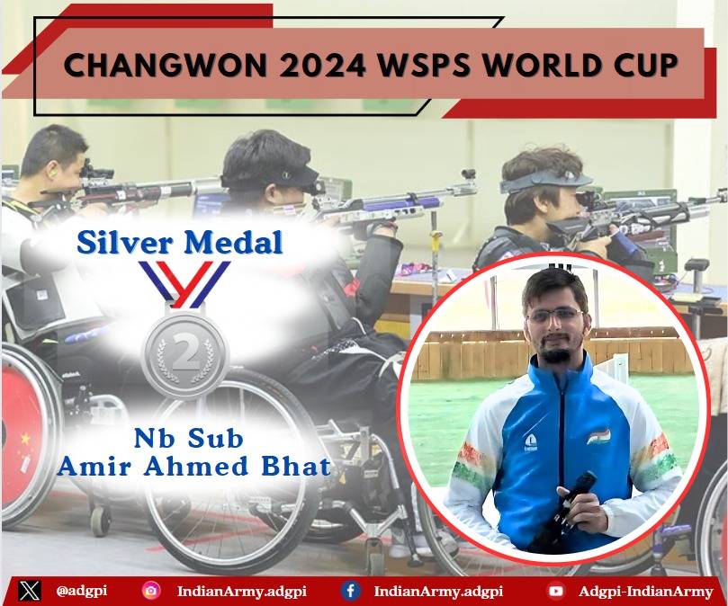 #Proud

#IndianArmy Para-Athlete Nb Sub Amir Ahmad Bhat won #SilverMedal 🥈(25m Para Pistol Shooting) in the Changwon 2024 WSPS World Cup held in #SouthKorea &amp; brought laurels to the #Nation &amp; #IndianArmy.

#Sports
#MissionOlympics
 #VeeroKiBhoomi #ProgressingJk #BadaltaJK