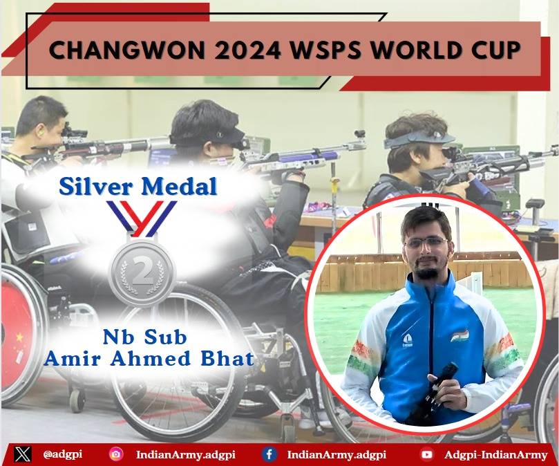 #Proud

#IndianArmy Para-Athlete Nb Sub Amir Ahmad Bhat won #SilverMedal 🥈(25m Para Pistol Shooting) in the Changwon 2024 WSPS World Cup held in #SouthKorea & brought laurels to the #Nation & #IndianArmy.

#Sports
#MissionOlympics
 #VeeroKiBhoomi #ProgressingJk #BadaltaJK