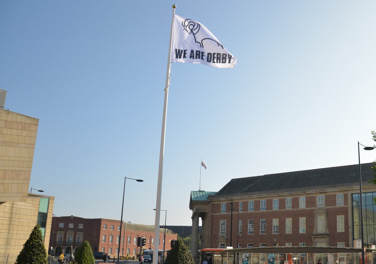 flag that reads We Are Derby with Derby County Football Club logo.
