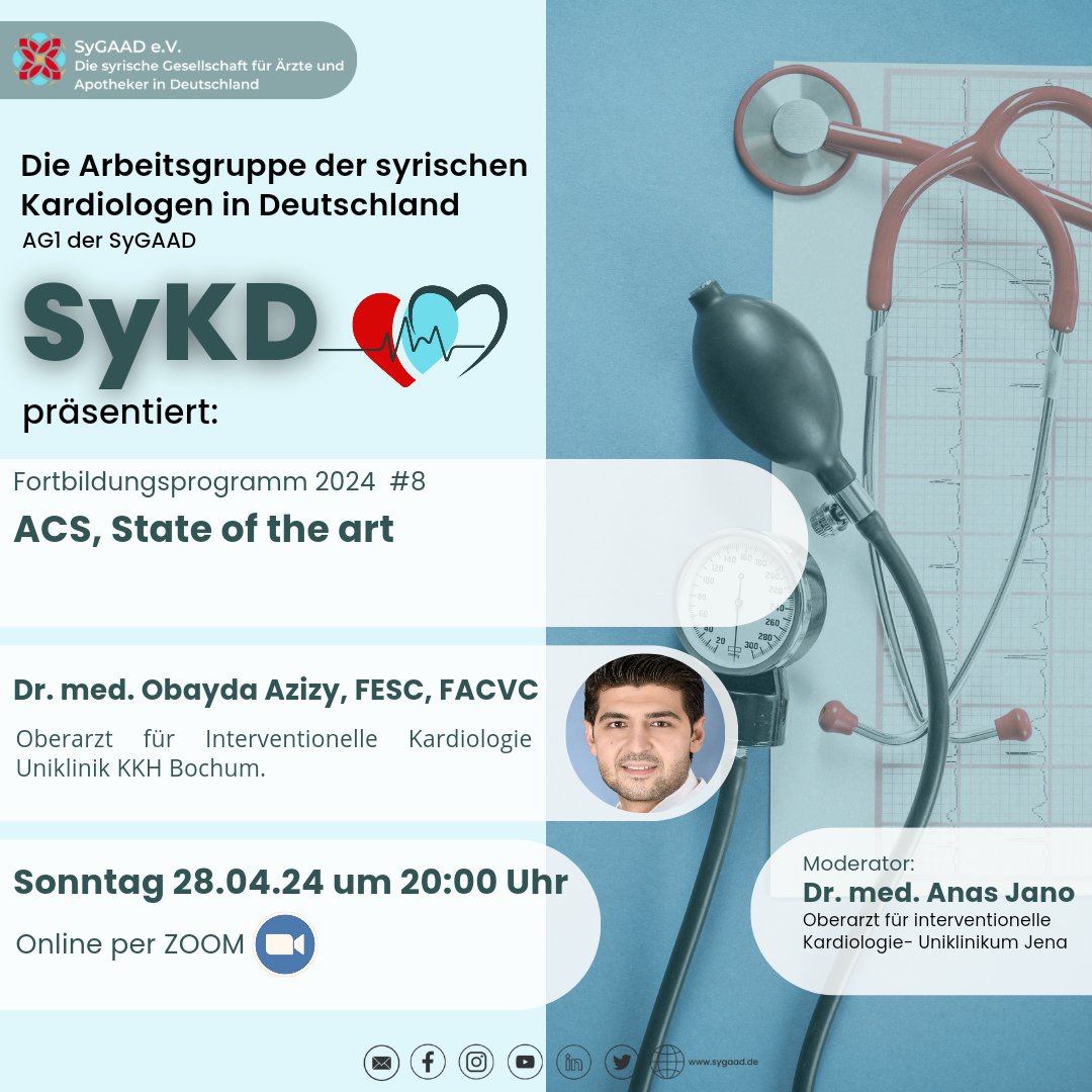 #SyKD-2024 Fortbildung #8: 
Dr. med. Obayda Azizy
ACS- State of the Art

SyKD is back nach der Pause!
📅 Sonntag, den 28.04.2024, um 20:00 Uhr.
 
Moderator: Dr. med. Anas Jano, Oberarzt für Intervent. Kardiologie, Universitätsklinik Jena

Zur Anmeldung 👇
bit.ly/SyKDAG1
