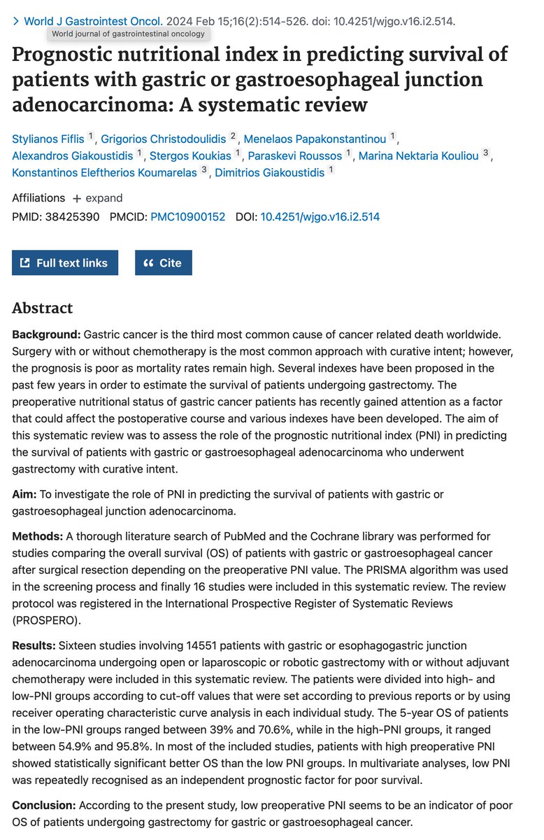 Systematic review finds low preoperative Prognostic Nutritional Index (PNI) in gastric cancer patients correlates with poor survival outcomes. Highlights the importance of nutritional status in prognosis. #GastricCancer #ClinicalNutrition #Prognosis