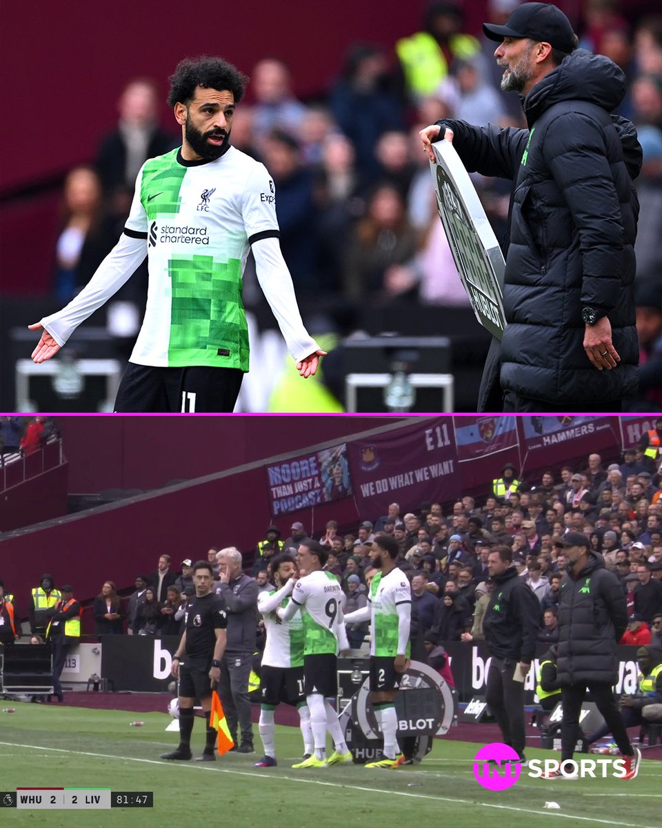 footballontnt's tweet photo. Mohamed Salah appeared to aim a shush at Jürgen Klopp before coming on against West Ham 🤫😱 https://t.co/KXHwaEqghI