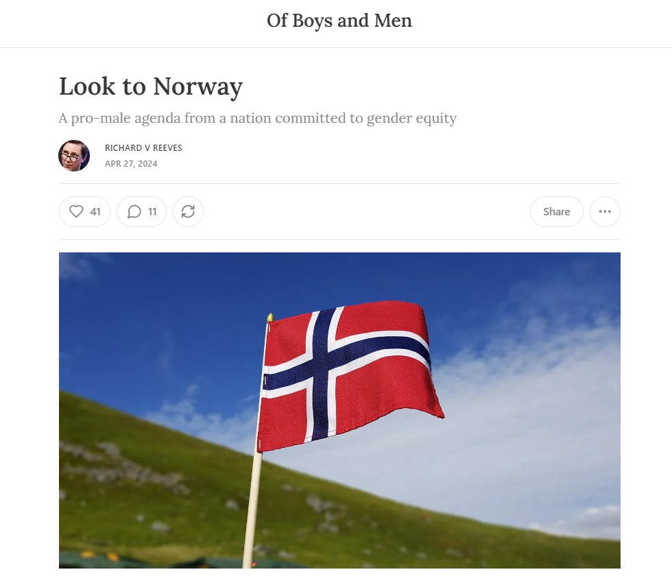'A Norwegian Government Commission just issued its final report.' 'It is the Mannsutvalgets, or Men’s Equality Commission. Last year, I was honored to address the Commission at some private events, and one public event.' By @RichardvReeves. Link: ofboysandmen.substack.com/p/look-to-norw…