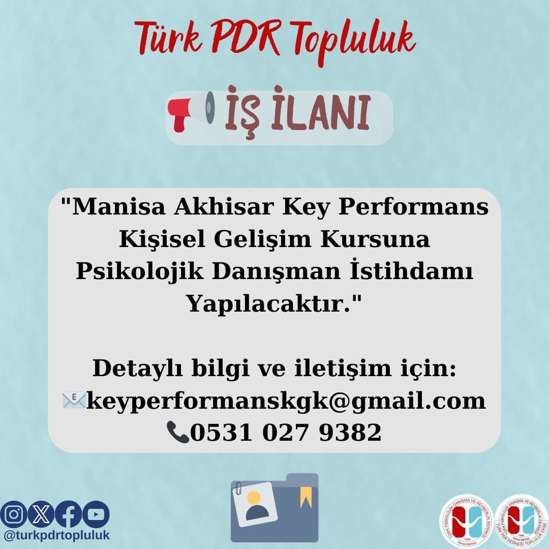 📍İş ilanı Manisa Akhisar Key Performans Kişisel Gelişim Kursuna Psikolojik Danışman istihdamı yapılacaktır. Detaylı bilgi ve iletişim için:05310279382 keyperformanskgk@gmail.com