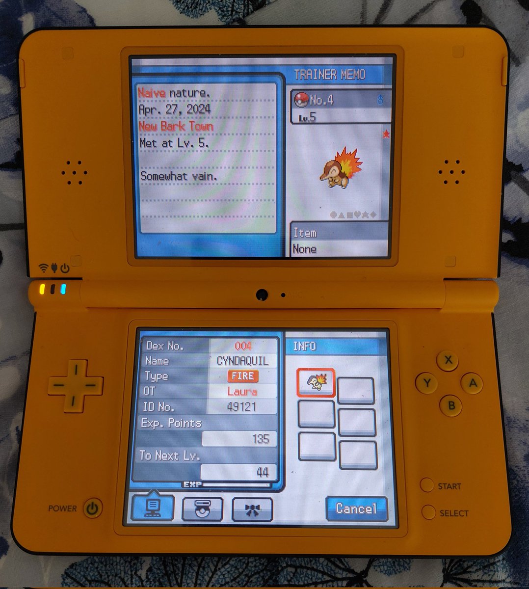 Selkid_Mist's tweet photo. Yet *another* shiny Cyndaquil in HGSS after 790 Resets (2,370 seen)! I was truly not prepared to have another quick phase, and especially not for it to be another Cyndaquil 😂🫠. I didn't know what to name him so he's called No.4! Onto phase 4 for Chikorita!
#shinypokemon https://t.co/vSogvNLLjm