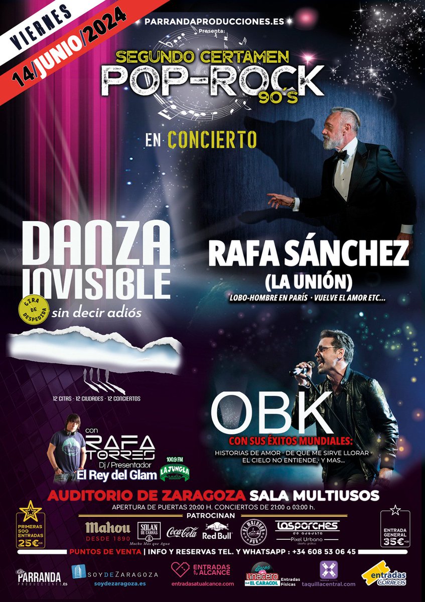 Concierto de Rafa Sánchez de La Unión, Danza Invisible y OBK en Zaragoza. Entradas e información: soydezaragoza.es/ii-certamen-po…