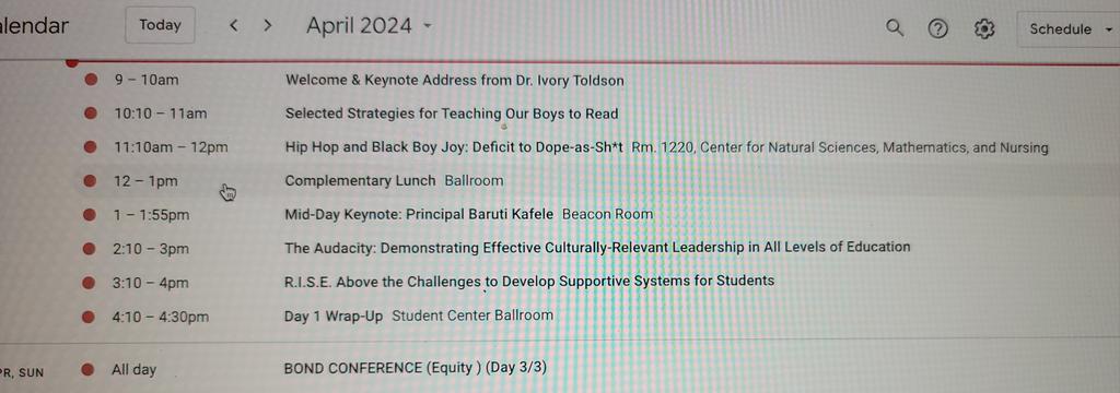 PurpleELATchr's tweet photo. Could someone PLEASE look at the sheer DOPENESS that is my schedule today at the #BondAcademy @BONDEducators 
I'm just sad I can't get to ALL of the presentations because they overlap. Hoping for some recordings of the ones I miss.
#BlackMen #maleeducators #RealMenTeach https://t.co/ztc3LrG71R