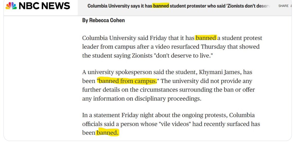 #KhymaniJames has not been expelled from #Columbia. He certainly should have been. But he has merely been banned. I’m sure all the #Soros employees currently organising that ‘spontaneous’ demo will use his situation as a bargaining chip with Sharif.