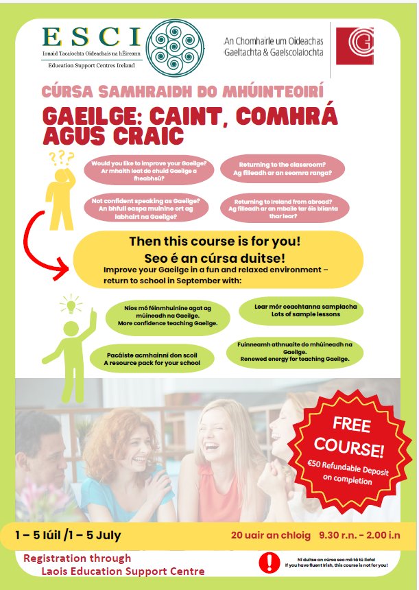 Cluichí, craic, cáirde nua...táim ag tnúth go mór leis seo!! If you are looking to brush up on your Gaeilge in a fun and interactive way and leave with fantastic resources for your classroom- book now through <a href="/CentreLaois/">Laois Education Support Centre</a> <a href="/CoggOid/">COGG Oideachas</a> @ESCItweets
