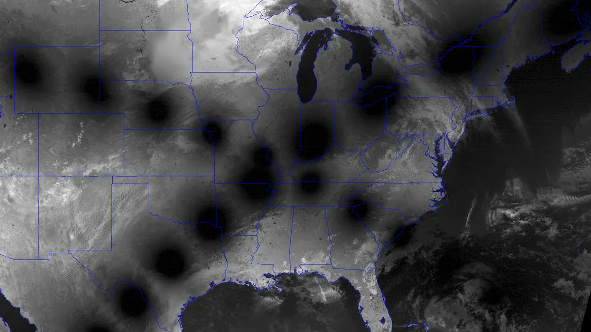 This composite image compares the paths of totality across North America during the 2017 and 2024 total solar eclipses.