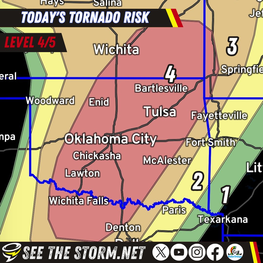 LEVEL 4 of 5 TORNADO RISK in red. A tornado outbreak does, frankly, seem like a serious possibility today. You don't hear me say that often. Let's plan for the worst and hope for the best: Weather radios, app like @RadarOmega, charged phones, and a plan for shelter. As we…