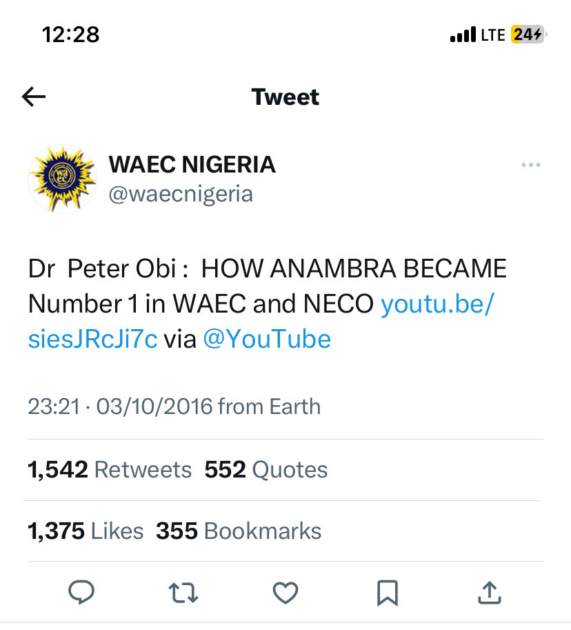 Bigotry and tribalism will destroy Nigeria as WAEC deletes an 8 year old video that showed how, HE Peter Obi, transformed the Educational model in Anambra State to become Number 1 in Nigeria 🇳🇬. 

This action has removed Nigeria from the world map. The handler must be sacked.